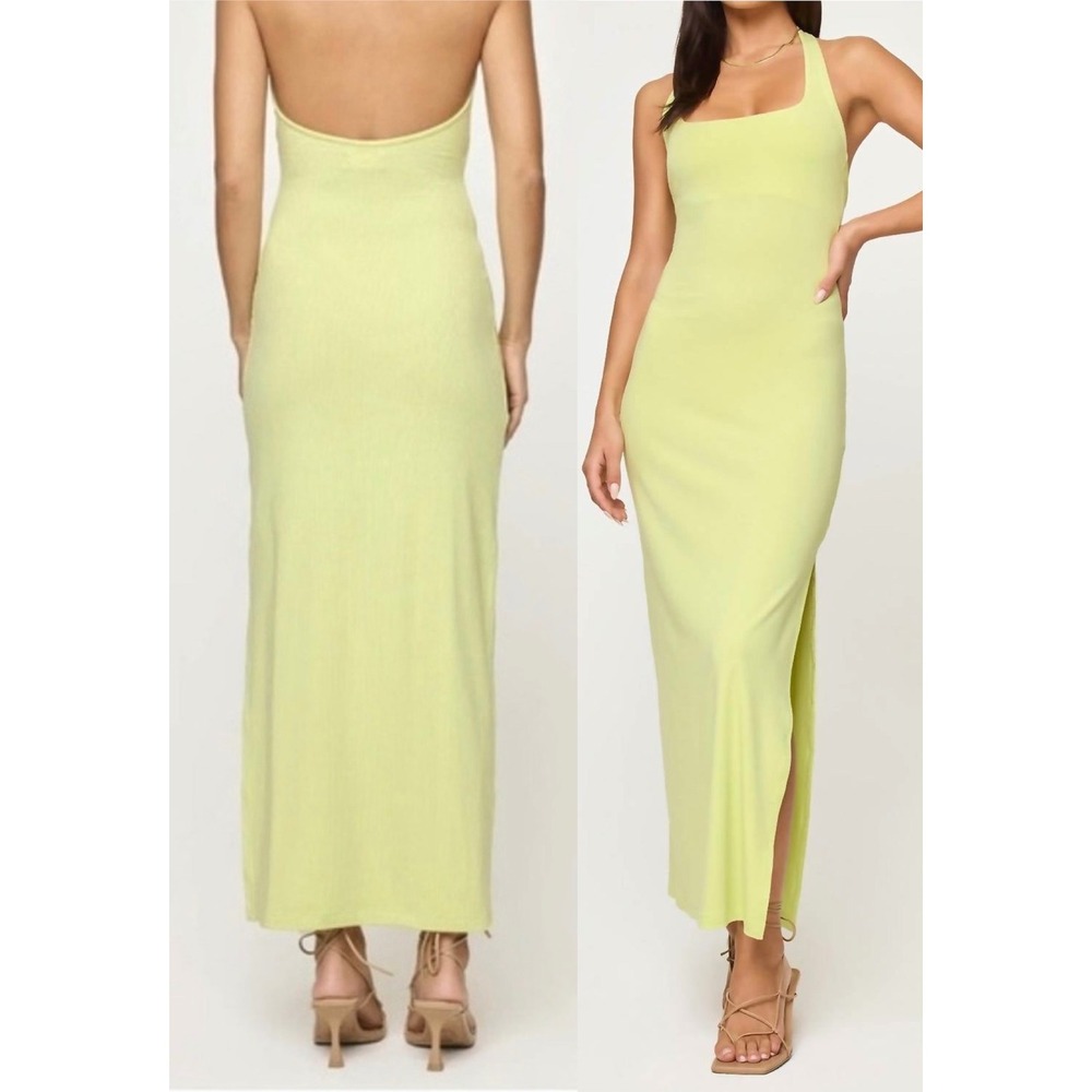 L*Space London Ribbed Halter Open Back Midi Dress Large NEW Honey Dew Green NWT